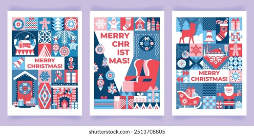 Set of geometric backgrounds with Christmas symbols and holiday attributes. Creative poster with decorated Christmas tree, home cozy interior, festive dinner, Santa Claus, deer