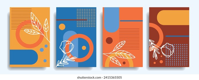 Reihe von geometrischen Hintergründen mit handgezeichneten Blumen. Vektorgrafik.