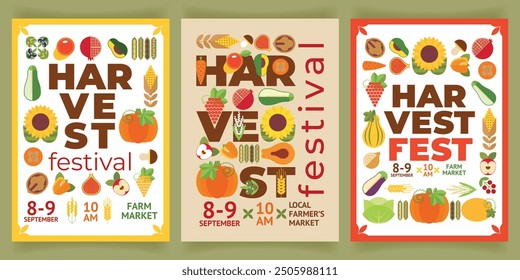 Set of geometric backgrounds for harvest festival with icons of fruits and vegetables, cereals, nut. Poster with harvest of seasonal farm products. Banner, flyer, invitation, announcement, advertising