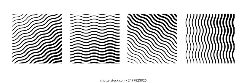 Conjunto de fondos geométricos con textura de superficie de agua monocromática. Líneas onduladas negras que van de delgadas a gruesas. Ondas rayadas dibujadas en tinta. Ilustración vectorial de líneas curvas Horizontales y diagonales