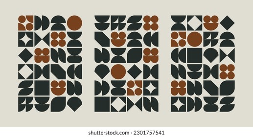 Set of geometric backgrounds in trendy Bauhaus style. Vector food illustration. Design for decor with abstract elements: circles, squares, stars, leaves, fruits, plates.