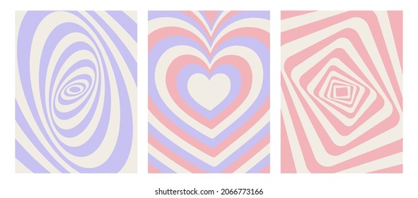 Set with geometric backgrounds. Vector illustration of abstract backgrounds with geometric shapes and hearts. Nostalgia for the year 2000, Y2k style. Design template. Hypnotic pattern.