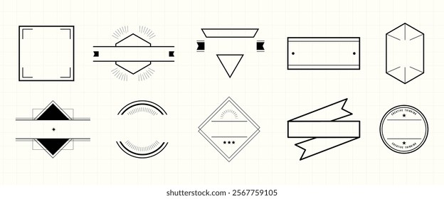 Set of geometric badge templates. Includes circles, squares, and banners. Perfect for logos, labels, and designs. Geometric badge designs for creative projects. Badge frame element vector set.