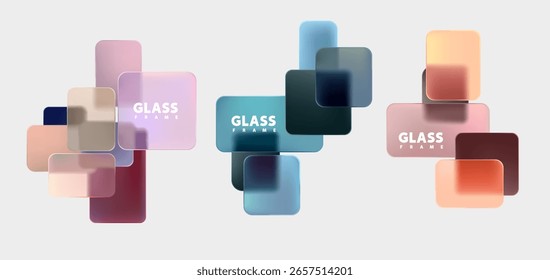 Set of geometric banner in liquid glass style. Colored and transparent squares and rectangles. Vector design elements.