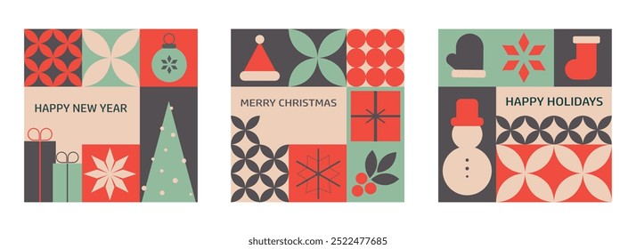 Set of geometric banners featuring Christmas and mosaic elements, designed for greeting cards celebrating New Year and Christmas with a modern and festive touch.