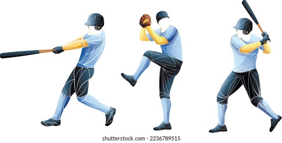 SET OF GEOMETRIC BASEBALL PLAYERS IN BLUE UNIFORMS WITH BATS IN HANDS