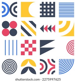 Set of Geometric Bauhaus elements shapes in retro style arrange with grid system as block for use in artwork, pattern, cover, banner, poster and contemporary art