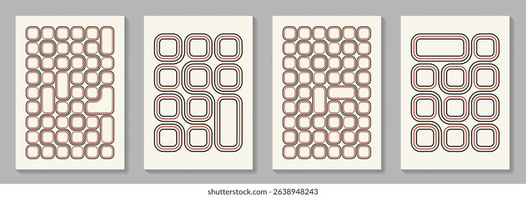 Set of geometric bauhaus style black and red vector pattern minimal vintage posters. Trendy Bento grid pattern background for cover design, poster, flyer, cards, catalog, brochure, ads and interior.
