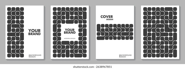 Set of geometric bauhaus style black vector pattern minimal covers. Trendy Bento grid pattern background for cover design, poster, flyer, cards, catalog, brochure, social media, ads.