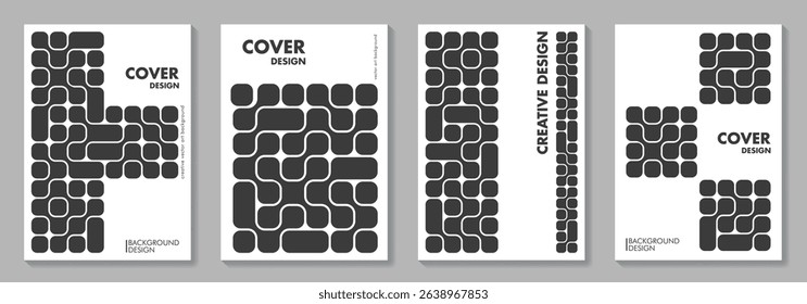 Set of geometric bauhaus style black vector pattern minimal covers. Trendy Bento grid pattern background for cover design, poster, flyer, cards, catalog, brochure, social media, ads.