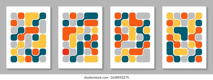 Set of geometric bauhaus style vector pattern minimal posters. Trendy colorful Bento grid pattern background for cover design, poster, flyer, cards, catalog, brochure, social media, ads and interior.