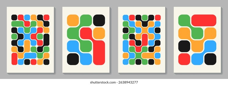 Set of geometric bauhaus style vector pattern minimal posters. Trendy colorful Bento grid pattern background for cover design, poster, flyer, cards, catalog, brochure, social media, ads and interior.