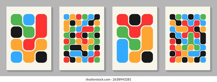 Set of geometric bauhaus style vector pattern minimal posters. Trendy colorful Bento grid pattern background for cover design, poster, flyer, cards, catalog, brochure, social media, ads and interior.