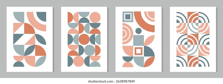 Set of geometric bauhaus style vector pattern minimal vintage posters. Vintage pastel color with 20s geometric design for cover design, poster, cards, ads and interior. Trendy bauhaus illustrations.
