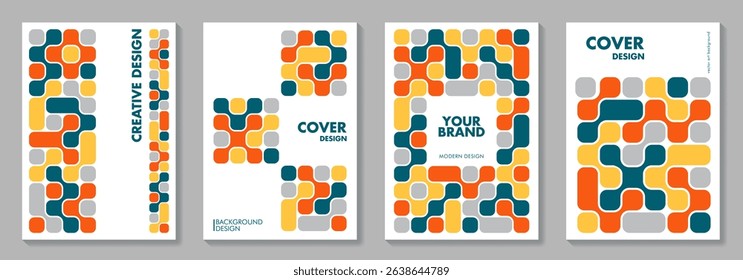 Set of geometric Bento grid style vector pattern minimal posters. Trendy colorful pattern background for cover design, poster, flyer, cards, catalog, brochure, social media, ads.