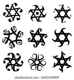 Set geometric black hexagonal star logos, like the star of david symbol.