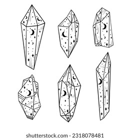 Conjunto de cristales geométricos de contorno negro Vector ilustración aislada en fondo blanco. Medicina alternativa, magia, curación de cristal, astrología