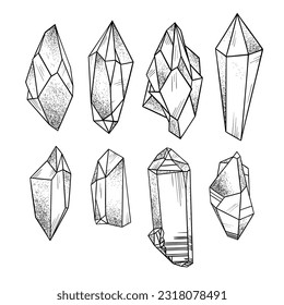 Set of geometric black outline crystals Vector illustration isolated on white background. Alternative medicine, magic, crystal healing, astrology