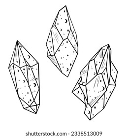 Set of geometric black outline crystals Vector illustration isolated on white background. Alternative medicine, magic, crystal healing, astrology