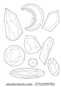 Conjunto de cristales geométricos de contorno negro. Cristales naturales sin cortar. Ilustración vectorial aislada sobre fondo blanco. Medicina alternativa, magia, curación de cristal, astrología, horóscopo, iconos de línea