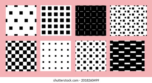 A set of geometric black and white seamless patterns. Monochrome classic pattern circles and squares, tiles. Infinite texture for wallpaper design.