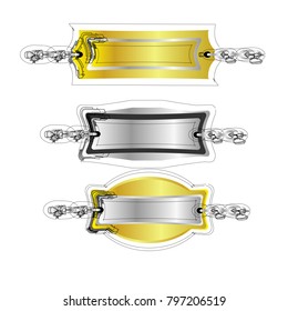 set of geometric blank badge label sticker banner tag vector with golden and silver and abstract black outline style  and chain isolated background
