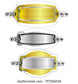 set of geometric blank badge label sticker banner tag vector with golden and silver and abstract black outline style  and chain isolated background