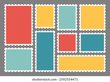 Set of geometric blank frame. Retro colored text box. Empty speech bubble on gray background, postage stamp of different rectangle, square shape. Isolated Flat Vector template EPS10