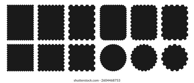 Set geometric blank frame. Retro black text box. Empty speech bubble, textbox on white background, postage stamp, mark of different rectangle, square, circle shape. Isolated Flat Vector EPS10
