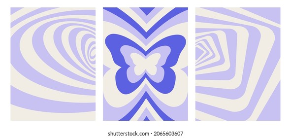 Set with geometric blue backgrounds. Vector illustration of abstract backgrounds with geometric shapes and butterflies. Nostalgia for the year 2000, Y2k style. Design template. Hypnotic pattern.