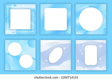 Set of Geometric Blue Pastel Templates with white shapes for copy space, text, and pictures. Blue gradient backgrounds, monochromatic liquid backdrops. Editable Vector Illustration. EPS 10.