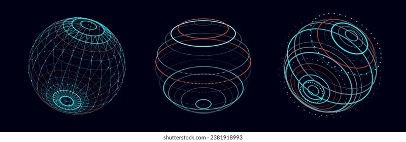 Set of geometric blue spheres with connecting dots and lines. Abstract color shapes with noise effect on white background. Vector illustration.
