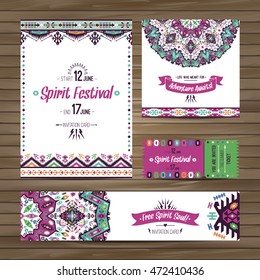 Set of geometric boho bright flyers. Vector decorative ethnic greeting card or invitation design background