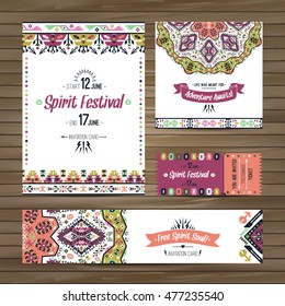 Set of geometric boho bright flyers. Vector decorative ethnic greeting card or invitation design background