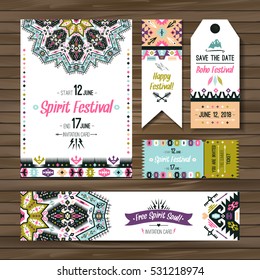 Set of geometric boho bright flyers. Vector decorative ethnic greeting card or invitation design background