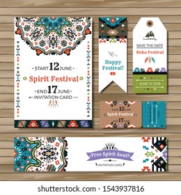 Set of geometric boho colorful flyers. Vector decorative ethnic greeting card or invitation design background