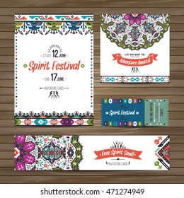 Set of geometric boho colorful flyers. Vector decorative ethnic greeting card or invitation design background