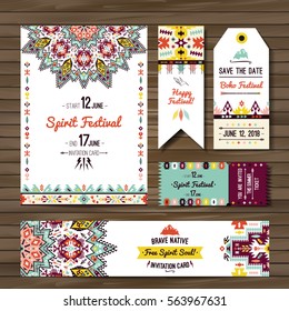 Set of geometric boho flyers. Vector decorative ethnic greeting card or invitation design background