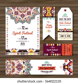 Set of geometric boho flyers. Vector decorative ethnic greeting card or invitation design background