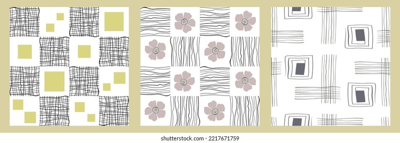 Set of Geometric and botanical pattern, abstract flowers, black lines. Handmade seamless pattern  Sketchy drawing with black outlines and white, pink, gray. Printing on wallpaper, covers, textiles