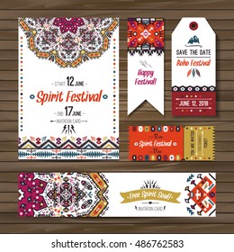 Set of geometric bright cards. Vector decorative ethnic greeting card or invitation design background