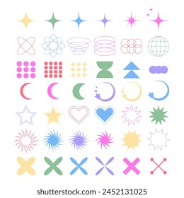 Eine Reihe von geometrischen brutalistischen Formen. Abstrakte Retro-Elemente im Y2K-Stil. Schweizer Stil Kollektion. y2k Vektorillustration auf weißem Hintergrund