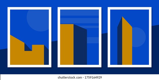 The set of geometric buildings shows the shape of the lamplight shape in the blue night color. Minimal modern posters, wall art, print art, digital art, architecture, and related to decoration.