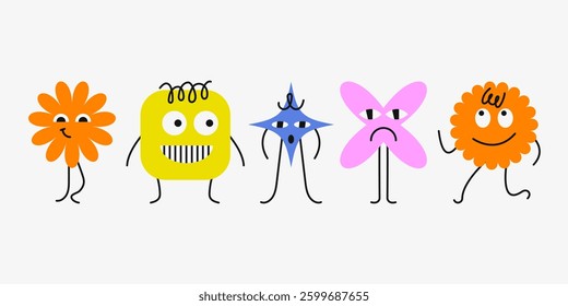 Set of geometric characters with face emotions. Shapes with funny faces. Simple shapes forms, symbols in bauhaus style. Template for a set of stickers, greeting cards, posters, planners. 