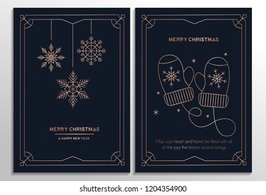 Set of geometric Christmas cards with rose gold lines and dark background. Vector illustration