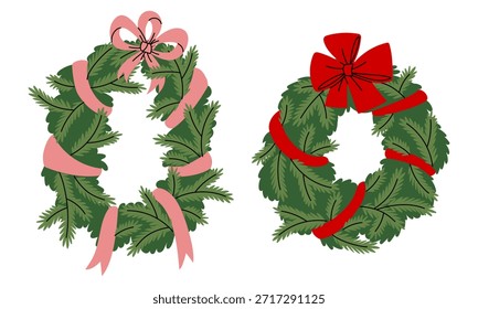 set of geometric Christmas flat colored wreaths in the shape of circle, oval with painted fir branches, tied with a ribbon and bow. An element of home decor for holiday invitations, cards, winter