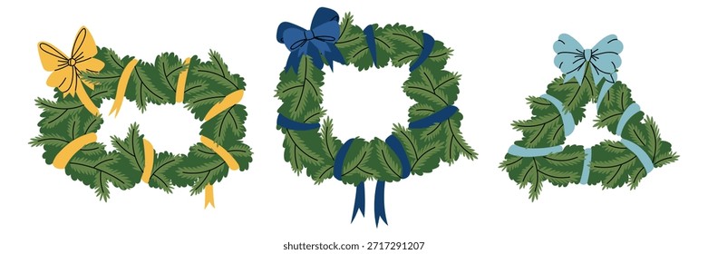 set of geometric Christmas flat colored wreaths in the shape of a rectangle, triangle, and square with painted fir branches, tied with ribbon and bow. An element of home decor for holiday invitations