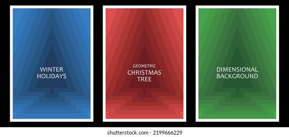 Set of geometric Christmas tree background design in three colors -blue, red, and green.  Applicable to poster, brochure, greeting card, invite, web banner, etc. Clipping mask used, easy to re-size.
