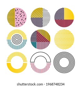 Satz geometrischer Kreise im Memphis-Stil. Retro-Elemente für Web, Vintage, Werbung, Werbebanner, Plakat, Broschüre, Plakatwand, Verkauf. Kollektion trendige, farbige, geometrische Vektorformen