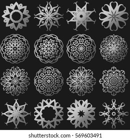 Set of geometric circular patterns or mandalas in east Mediterranean style. Silver, steel color. For post and business cards, wedding invitation.